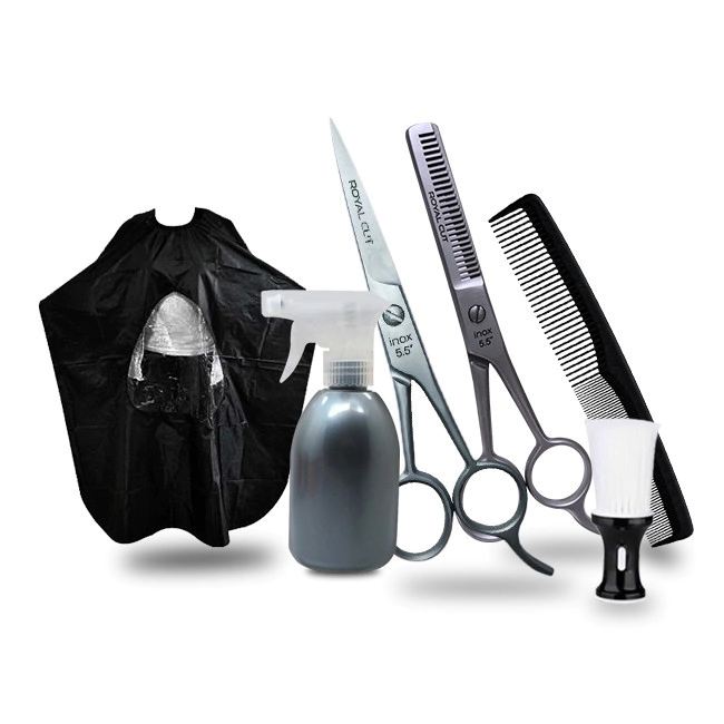 COMBO: TIJERAS + PEINE + CAPA + ROCIADOR