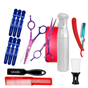 COMBO TIJERAS + PEINE + ROCIADOR + NAVAJAS + BROCHES