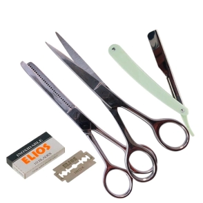 COMBO MOZKU - TIJERA DE CORTE 6?? + TIJERA DE PULIR 6?? + NAVAJA + HOJILLAS ELIOS X10