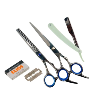 COMBO MOZKU - TIJERA FILO DULCE + TIJERA DE PULIR + NAVAJA + HOJILLAS ELIOS X10