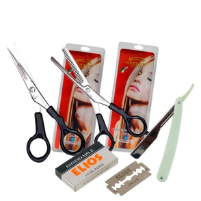 COMBO TIJERA HEMBOR FILO DULCE + TIJERA DE PULIR + NAVAJA MOZKU + HOJILLAS ELIOS X10