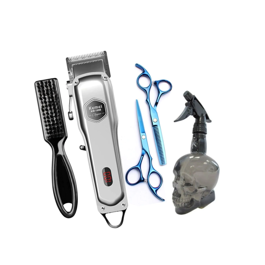 COMBO KEMEI BARBERIA, TIJERAS, PULVERIZADOR