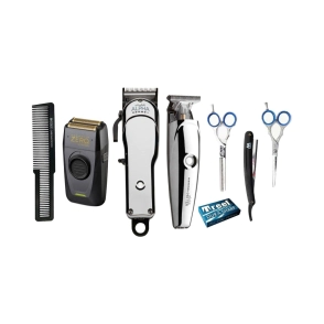 COMBO GAMMA PI&Uacute; M&Aacute;QUINA DE CORTE + PATILLERA + AFEITADORA + TIJERAS + PEINE + HOJILLAS