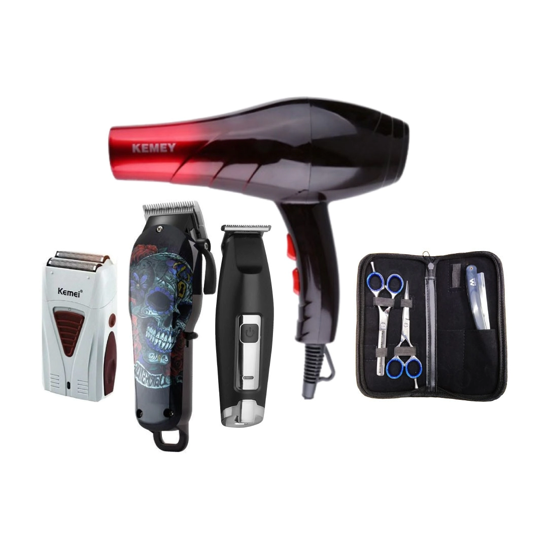 COMBO KEMEI CLIPPER KM735 + TRIMMER KM 030 + SHAVER KM 3382 HAIR DRYER KM 3322 + KIT TIJERAS MASTERT