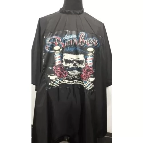 CAPA DE PELUQUERO  CON ESTAMPA BLANCA Y COLOR, CUELLO CON TIRA