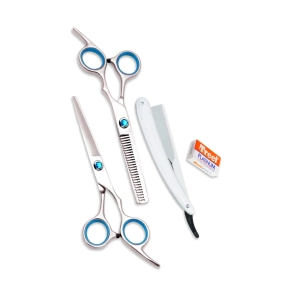 COMBO TIJERAS FILO NAVAJA + PULIR + NAVAJA + 10 HOJAS