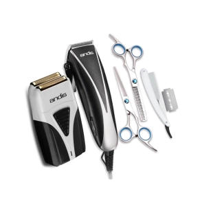 COMBO ANDIS MAQUINA DE CORTE + PATILLERA + TIJERAS PULIR Y FILO NAVAJA + NAVAJA + 10 HOJAS