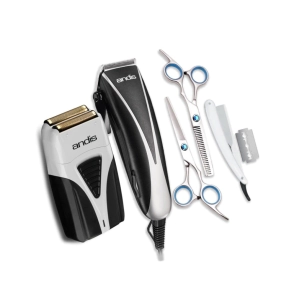 COMBO ANDIS MAQUINA DE CORTE + PATILLERA + TIJERAS PULIR Y FILO NAVAJA + NAVAJA + 10 HOJAS