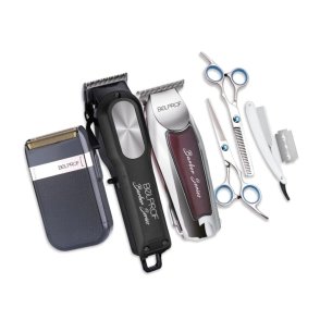 COMBO BELPROF M&Aacute;QUINA DE CORTE + PATILLERA + AFEITADORA + TIJERAS PULIR Y FILO NAVAJA + NAVAJA + 10