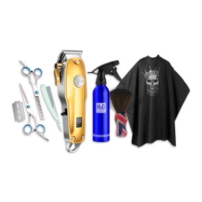 COMBO BARBERO MAQUINA DE CORTE + SET DE TIJERAS + NAJAVA Y 10 HOJAS + ROCIADOR + QUITAPELO + CAPA