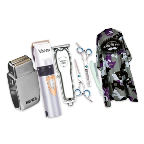 COMBO BARBERO VANTA M&Aacute;QUINA DE CORTE + PATILLERA + AFEITADORA + SET DE TIJERAS Y NAVAJA + CAPA CAMUF