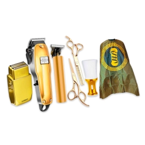 COMBO BARBERO GOLDEN M&Aacute;QUINA DE CORTE + PATILLERA + AFEITADORA + SET DE TIJERAS + QUITAPELO + CAPA R
