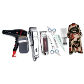 COMBO BARBERO M&Aacute;QUINA DE CORTE + PATILLERA + AFEITADORA + SECADOR + TIJERAS Y NAVAJA + QUITAPELO + C