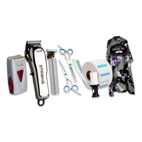 COMBO BARBERO FILLER M&Aacute;QUINA DE CORTE + PATILLERA + AFEITADORA + TIJERAS Y NAVAJA + QUITAPELO + PAPE