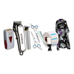 COMBO BARBERO FILLER M&Aacute;QUINA DE CORTE + PATILLERA + AFEITADORA + TIJERAS Y NAVAJA + QUITAPELO + PAPE