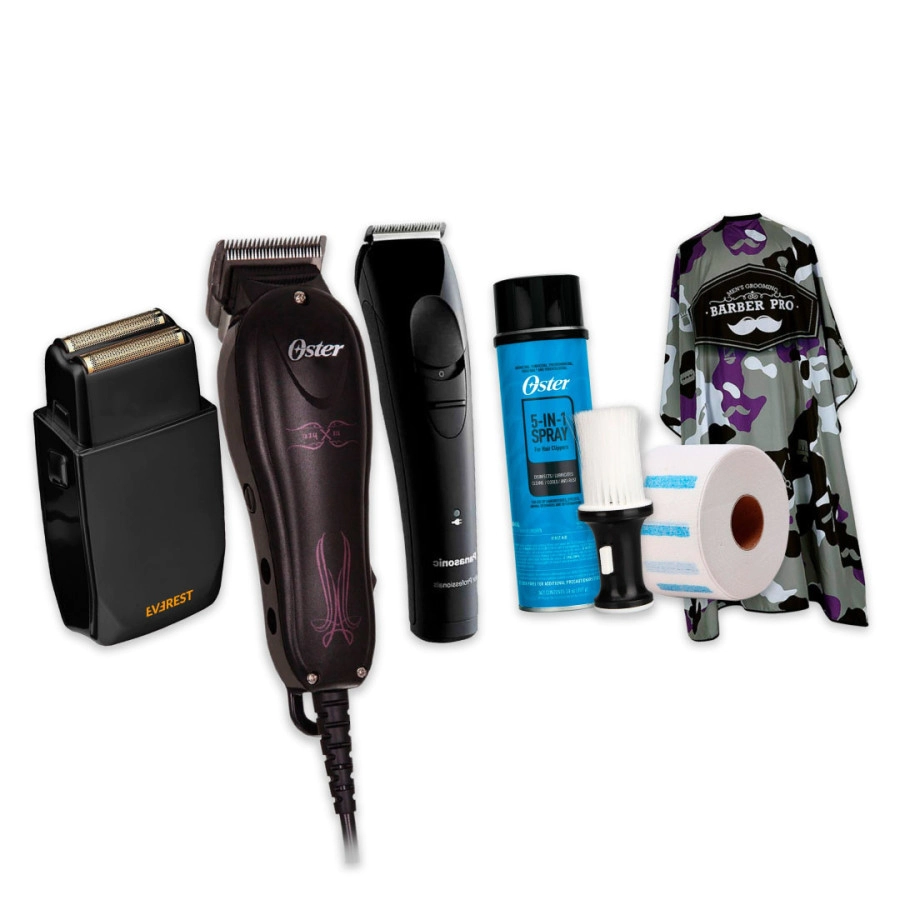 COMBO BARBERO OSTER M�QUINA DE CORTE + PATILLERA + AFEITADORA + TIJERAS + SPRAY + PEINE + CAPA + QUI