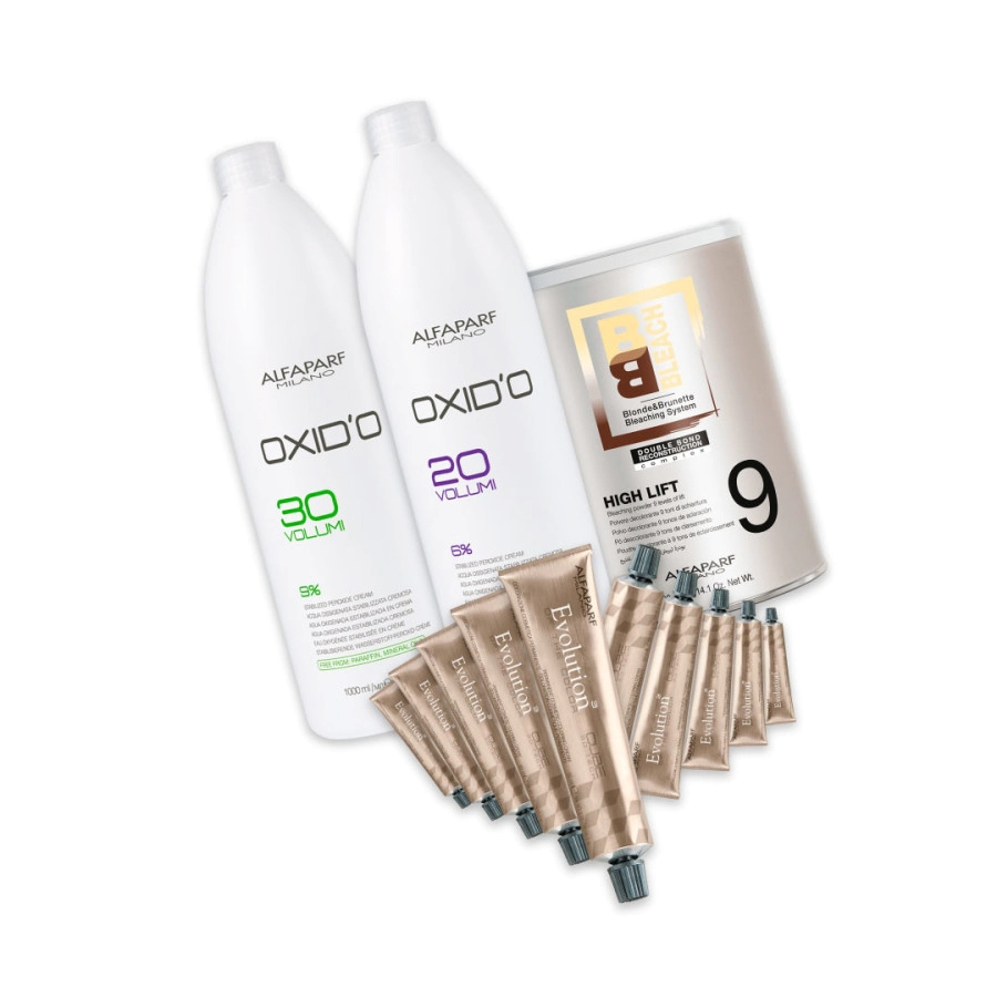 COMBO ALFAPARF COLORACI�N - 10 TINTURAS + AGUA OXIGENADA 20 Y 30 VOL + POLVO DECOLORANTE 9 TONOS