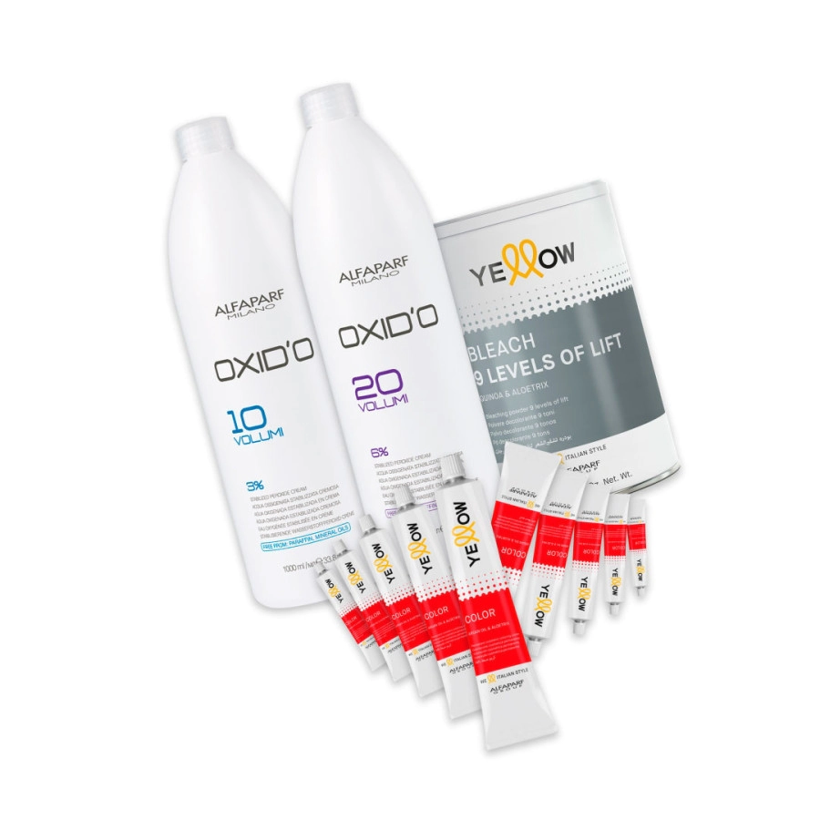 COMBO ALFAPARF YELLOW COLORACI�N - 10 TINTURAS + AGUA OXIGENADA 10 Y 20 VOL + POLVO DECOLORANTE 9 TO