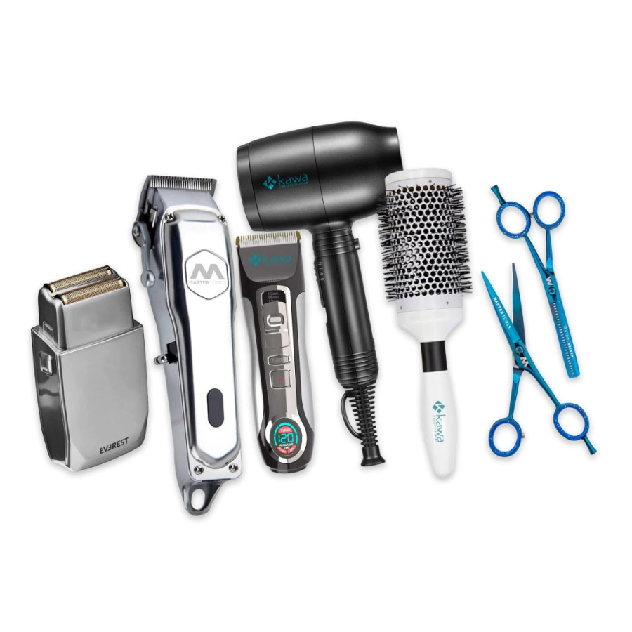COMBO BARBERO M�QUINA DE CORTE + PATILLERA + AFEITADORA + SECADOR + CEPILLO + TIJERAS FILO NAVAJA +