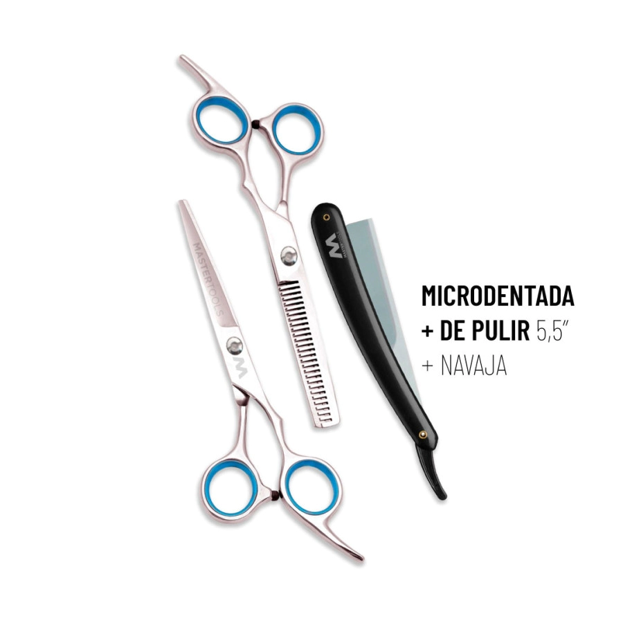 MASTERTOOLS KIT DE TIJERA MICRODENTADA 5,5" + DE PULIR 5,5" + NAVAJA