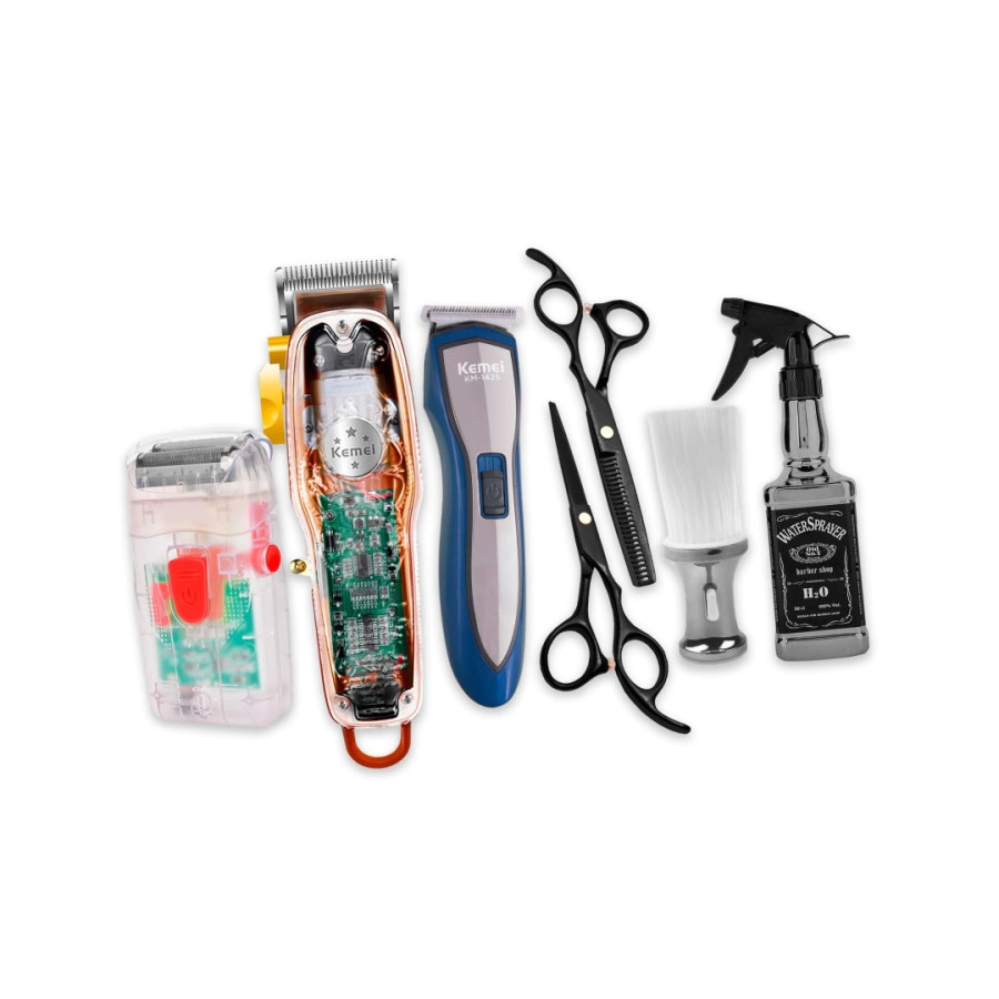 COMBO BARBERO KEMEI M�QUINA DE CORTE + PATILLERA + AFEITADORA + TIJERAS + ROCIADOR + QUITAPELO