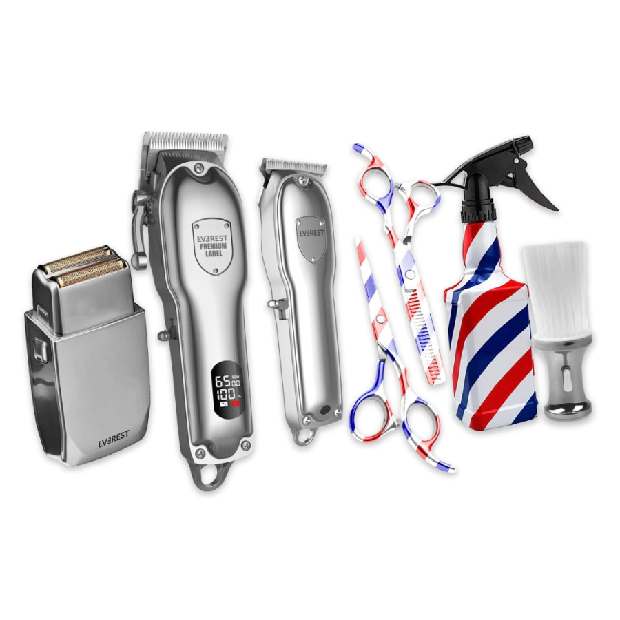 COMBO BARBERO EVEREST M�QUINA DE CORTE + PATILLERA + AFEITADORA + TIJERAS + ROCIADOR + QUITAPELO