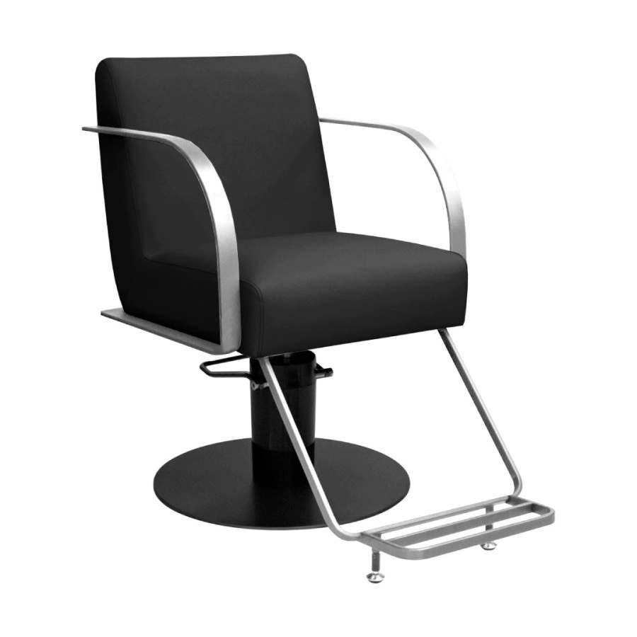 SILLA DE PELUQUERIA BILBAO BASE PLATEADA TAPIZADO NEGRO