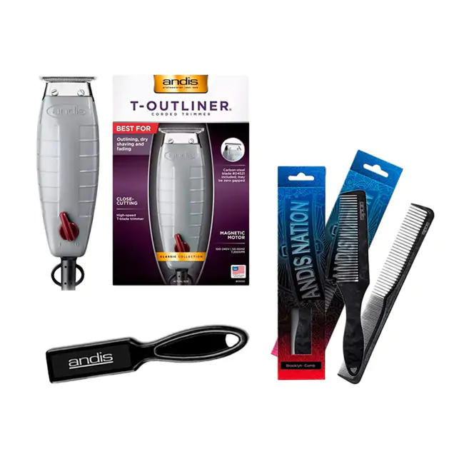 COMBO ANDIS PATILLERA T-OUTLINER + PEINE 100% CARBONO X2 + QUITA PELO ANDIS